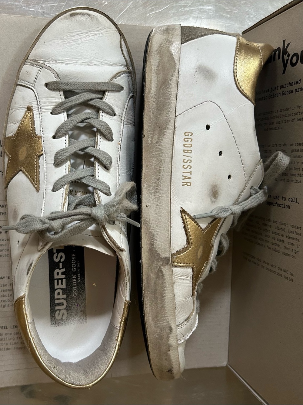 Golden Goose White Leather Sneakers with Gold Star Accents